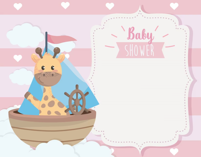 Illustration of a giraffe in a boat for a pink-themed baby shower invitation