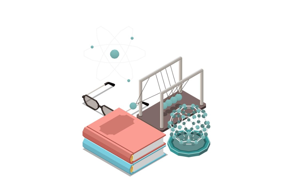 Isometric view of scientific books, glasses, and a molecule model