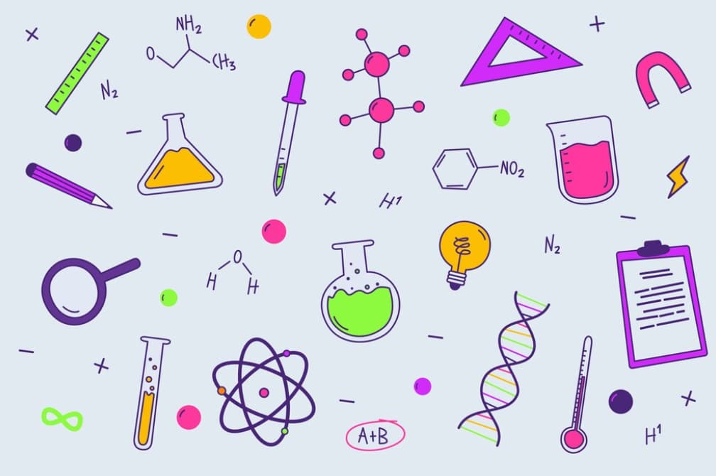 Vibrant, doodled science icons and formulas on a purple background
