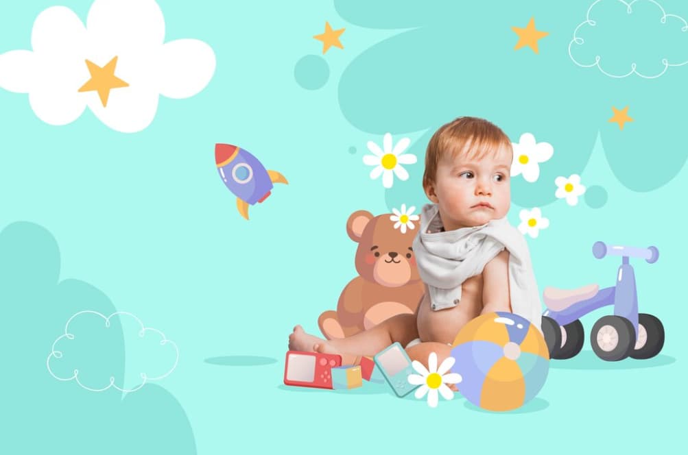 A baby surrounded by toys and a whimsical background