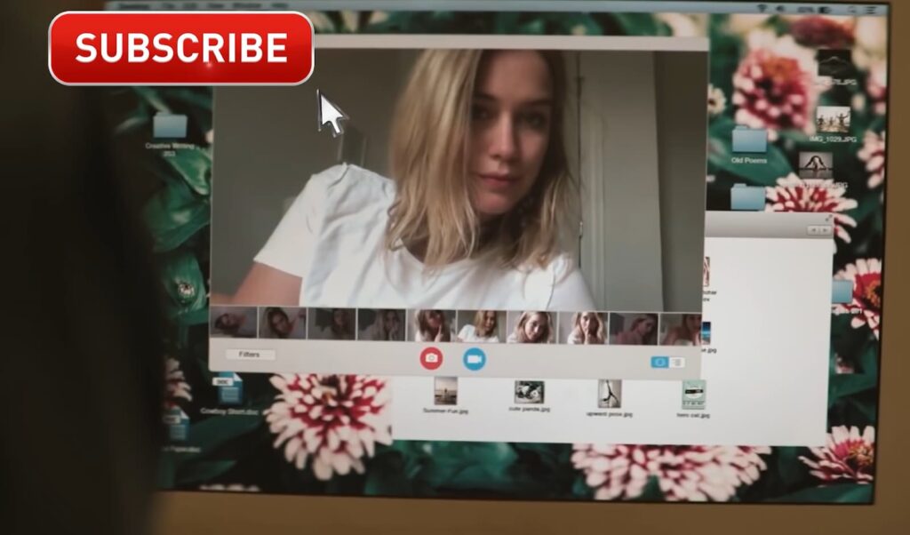 A woman on a video call screen with a "SUBSCRIBE" button